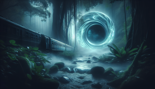 Tren fantasma que desaparece en un portal brillante más allá de la selva