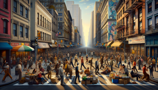 Vibrant city streets filled with diverse people interacting in a crowded urban setting.