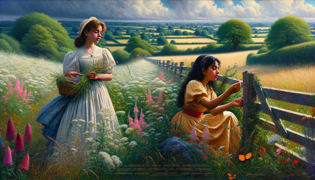 Dos jóvenes hermanas recogiendo flores silvestres junto a una cerca iluminada por el sol, cuyas expresiones insinúan una rivalidad temprana.