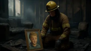 El cuadro del Niño Llorando permanece intacto entre los restos quemados tras un incendio en una casa.