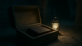 Antiguo códice encuadernado en tela carmesí, descansando sobre un arca de piedra en una cripta iluminada por la luna.