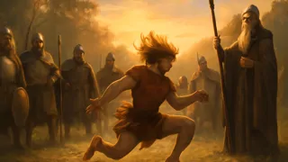El joven Cu Chulainn en forma ríastrad durante el entrenamiento; los Caballeros de la Rama Roja observan con asombro y preocupación.