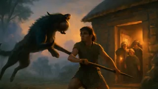 Setanta se enfrenta al monstruoso perro de Culann al anochecer, listo con su palo de hurling mientras la bestia embiste.