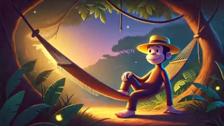 El curioso George descansando bajo un árbol, pensando en sus aventuras.