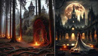 Una pálida reina vampira y hechicera, de pie bajo una luna roja junto a una fuente cubierta de musgo, con runas arcanas brillando y enredaderas retorcidas serpentando alrededor de antiguas ruinas de piedra.