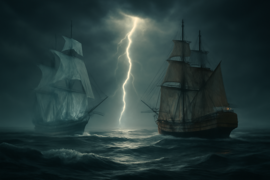Un buque mercante perseguido por un barco fantasma espectral en mares tempestuosos durante la noche.