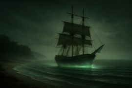 Un barco fantasmal iluminado por un inquietante resplandor verde mientras se desliza sobre aguas oscuras.