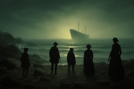El débil resplandor de la nave fantasmal que flota frente al Cabo de Buena Esperanza bajo un cielo sin estrellas