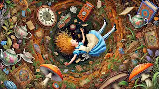 Alice tombant dans un trou de lapin, entourée d'objets flottants tels que des livres, des tasses à thé et deshorloges, dans un tunnel tourbillonnant.