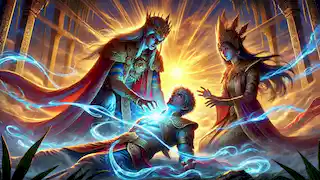 El Príncipe Bantugan es revivido por el Rey Madali y la Princesa Datimbang, rodeado de energía mágica mientras el sol sale en el horizonte.