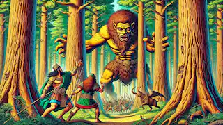 Gilgamesh y Enkidu enfrentándose al demonio Humbaba en el Bosque de Cedros. El bosque es denso, con imponentes árboles de cedro, y Humbaba es representado como una criatura temible.