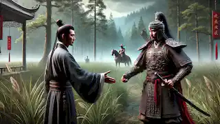 Song Jiang extiende su mano para dar la bienvenida a Lin Chong a la hermandad en las brumosas tierras pantanosas de Liangshan.