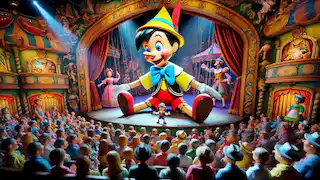 Pinocho actuando en el escenario del teatro de marionetas.