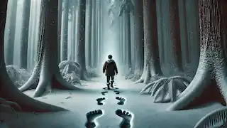 Awan wanderte durch einen schneebedeckten Wald und folgte großen, geheimnisvollen Fußspuren.
