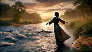 Una mujer se encuentra junto a un río tranquilo al atardecer, con los brazos levantados ligeramente, rindiéndose al apacible fluir de la vida.