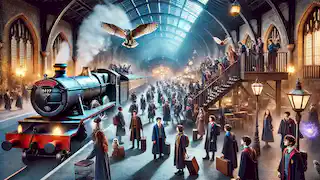 Estudiantes en túnicas llegando a una estación de tren de una escuela de magia, con un tren de vapor y criaturas mágicas.