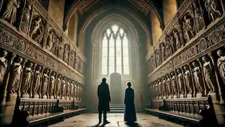 Robert Langdon y Sophie Neveu se encuentran en el centro de la Capilla de Rosslyn, contemplando los antiguos relieves en las paredes.