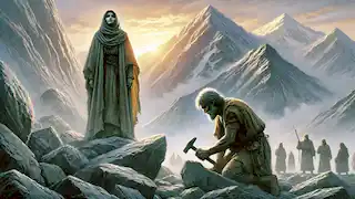 Shirin, disfrazada, observa a Farhad desde la distancia mientras él esculpe piedra en las montañas de Bisotun.