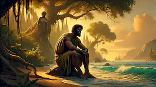 Ulises contempla el mar desde la orilla de Ogigia, mientras Calipso se encuentra detrás de él, triste pero resignada.
