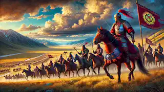 Manas y sus guerreros cabalgan por las estepas kirguisas, uniendo a las tribus bajo su liderazgo.