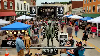 Un festival Mothman animé à Point Pleasant, avec des vendeurs, des visiteurs et des décorations sur le thème de Mothman pour célébrer cet événement.