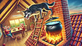 El lobo bajando por la chimenea hacia una olla hirviendo.
