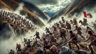 Los guerreros chachapoya se enfrentan al ejército inca en una feroz batalla entre montañas rocosas y cubiertas de niebla.