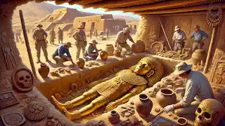 Los arqueólogos excavan cuidadosamente la tumba del Señor de Sipán, desenterrando artefactos de oro y objetos ceremoniales.