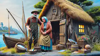 El pescador y su esposa frente a su viejo cobertizo, luciendo humildes y reflexivos.