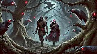 Erik y Astrid caminan con cautela por el corrupto Bosque Negro, mientras unas brillantes miradas rojas los observan desde las sombras.