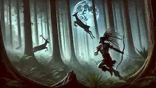 Mixcoatl persigue a un ciervo a través de un bosque brumoso, sosteniendo un atlatl, con árboles imponentes que se elevan y una niebla que envuelve la escena.