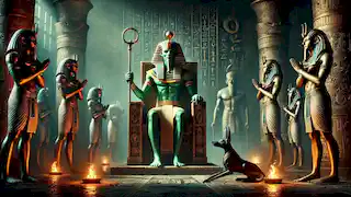 Osiris sentado en su trono en el inframundo, flanqueado por Anubis y Thoth, preparado para pesar el corazón de un alma.