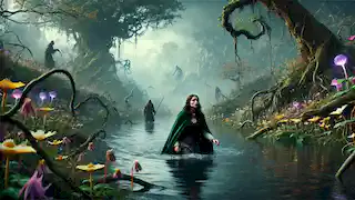 Elara navega con cautela a través de las misteriosas Marismas Encantadas, donde los árboles retorcidos y las flores luminosas brillan entre la neblina.