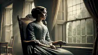 La señora Mallard, sorprendida y en lágrimas, mira por la ventana, procesando la muerte de su esposo y las emociones que esto le provoca.
