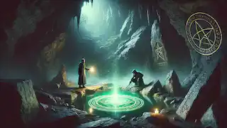 Dos figuras en una cueva cerca de una piscina encantada que brilla, con una tenue luz verde reflejándose en las paredes.
