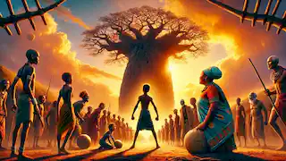 Sunjata Keita se pone de pie por primera vez, desarraigando un baobab mientras los aldeanos lo observan asombrados.