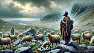 El joven San Patricio, vestido con ropas desgastadas, cuida ovejas en una empinada ladera bajo un cielo gris y nublado.