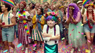 Julián, vestido de sirena, se une a un colorido desfile en el vecindario que celebra la diversidad.