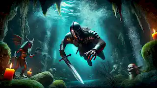Beowulf se zambulle en el oscuro y tenebroso lago para confrontar a la madre de Grendel, vestido con armadura y empuñando una poderosa espada.