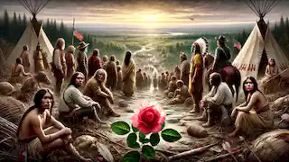 El pueblo cherokee llegando a su nueva tierra, con una rosa cherokee floreciendo en primer plano.