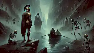 Calistenes se encuentra junto al río Estigia en el inframundo, con Caronte aguardando en una pequeña embarcación rodeada de niebla.