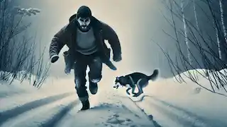 El hombre tropezando en la nieve, exhausto, mientras intenta correr, con el husky dudando detrás de él.