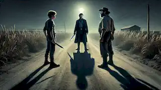 Tres hombres, entre los que se encuentra Dahlmann, se encuentran en círculo en un camino rural, preparándose para un duelo a cuchillo bajo la luz de la luna.