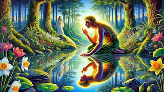 Narciso se arrodilla junto a un claro estanque, encantado por su reflejo, mientras Eco lo observa con tristeza desde la distancia.