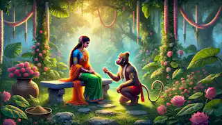 Hanuman se acerca a Sita en el jardín de Ashoka Vatika, rodeado de flores y vegetación.
