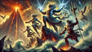 Die Titanomachie: Ein epischer Kampf, in dem Zeus mit seinen Donnerblitzen schlägt und die Titanen gegen die Olympier unter einem stürmischen Himmel aufeinandertreffen.