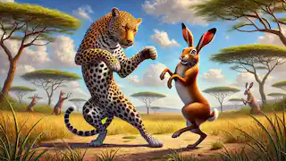 El leopardo lucha por bailar mientras la liebre gira con gracia, mostrando su agilidad.