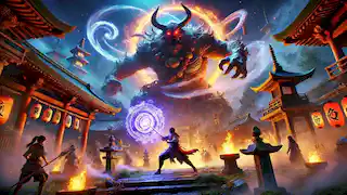 Takashi golpea al oni con una espada resplandeciente mientras los objetos sagrados rechazan los ataques del demonio durante la intensa batalla.