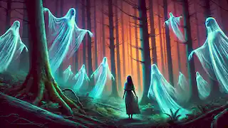 Figuras fantasmales emergen de un bosque místico mientras Leona observa con asombro, rodeada de un halo inquietante al atardecer.