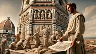 Andrea Pisano supervisionando a escultura de intricados relevos na Torre do Sino de Giotto durante o Renascimento.